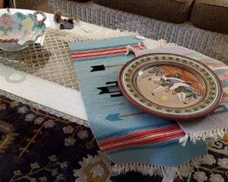 wicker coffee table and Native American items