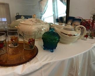 Hall Aladdin Blue Bouquet teapot and Jewel Tea Autum Leaf covered casserole bowl