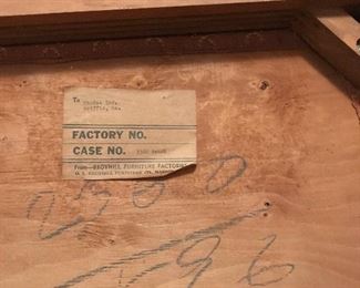 Label on bottom of vanity stool. More pictures of other pieces posted soon.