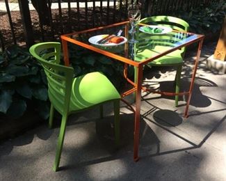 Metal Outdoor/Patio table c. 1950's, sandblasted and powdercoated.  Green side chairs from AllModern.  Will separate.