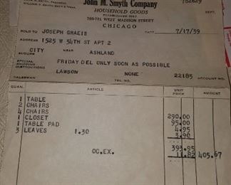 Receipt For Dining Table, Chairs & Cabinet from John M. Smyth