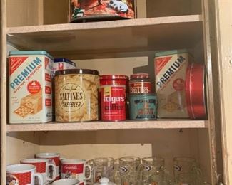 Campbell soup collectibles and tins, A & W mugs