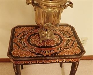 ORNATE TABLE AND BRASS COFFEE POT