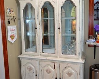 White distressed china cabinet, 50" wide, 83" tall