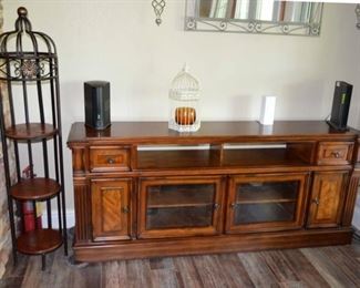 SOLD 3 tier metal stand, solid wood TV stand,  6' x 2' 6"