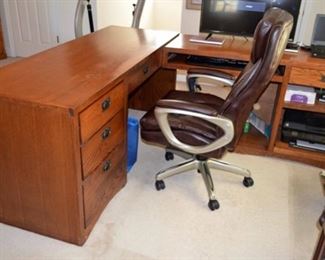 two Piece Solid Oak Desk:  piece one 70" long 25" wide / piece two 58" long 20" wide