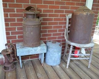 cast iron well pump, milk can, gas can, primitive stool, etc.