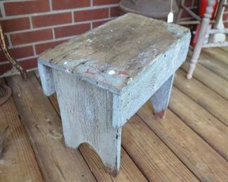 primitive stool with blue & red paint
