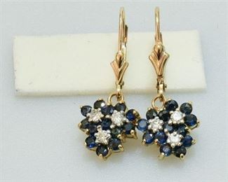 158. Pair Womens 14K Gold Diamond  Sapphire Earrings