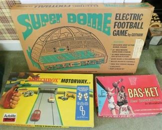 Vintage Matchbox Motorway, Basketball game, Super Dome electric football game, all in boxes