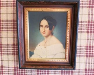 Folk Art style artwork in antique frame 