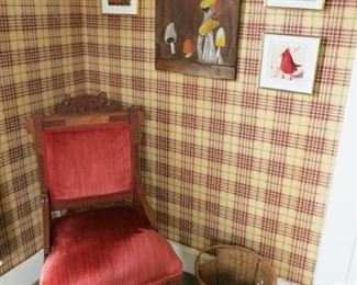 Antique chair, vintage basket and art work