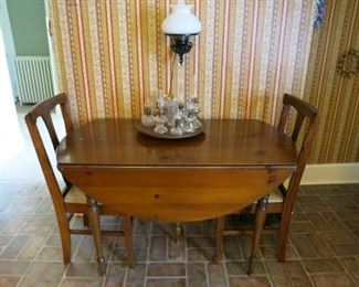 Vintage drop leaf table w/ 2 chairs, miniature kerosene lamps