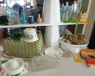 Sunkist reamer, green woven basket, misc. glass & collectibles