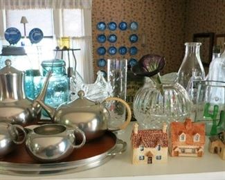 Pewter service set, collectible glass/miniature houses