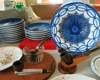 Antique/vintage pipes, B & G Christmas & Mother's Day plates, collectible blue & white plates