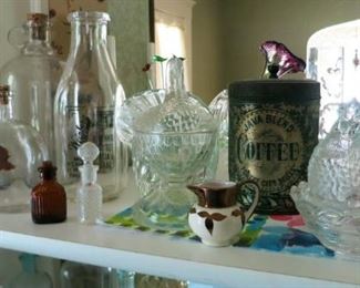 Misc. glass bottles, Glass turkey and hen on nest, antique coffee tin, etc.