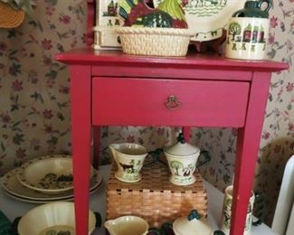 CA pottery Metlox Poppytrails serving pieces, red painted side table