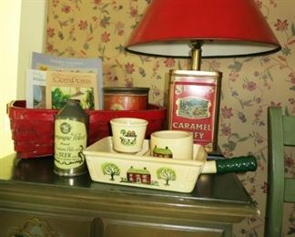 Red basket, antique beer can, tin lamp, Metlox Poppytrails serving pieces