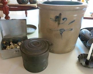 2 gal cobalt hand painted salt glaze crock w/ turkey dropping, vintage buttons, vintage tins