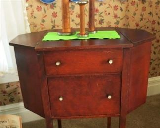 Antique Martha Washington sewing cabinet, vintage wooden thread spools