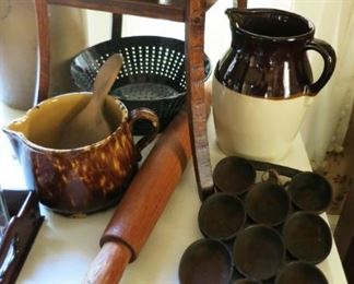 antique stoneware, rolling pin, cast iron