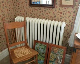 Antique chairs, vintage mirrors, prints, paint by numbers pictures