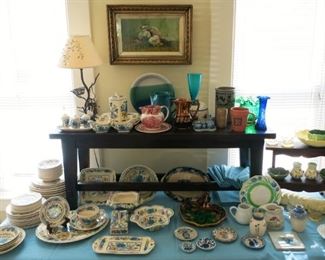  Antique 1899 pansy painting, Vintage Mason's dinnerware & serving pieces, transfer ware pitcher, Majolica plate w/ bird, misc. stoneware, porcelain collectibles