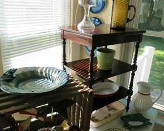 Vintage side table, porcelain collectible plates (some Chelsea, MI), misc. items