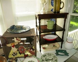 Wooden crate, bird bath, vintage side table, misc. stoneware, porcelain & glass collectibles