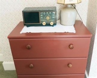 3 drawer chest, vintage plastic radio, stoneware jug lamp