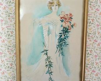 Vintage painting of a Victorian woman w/ flowers