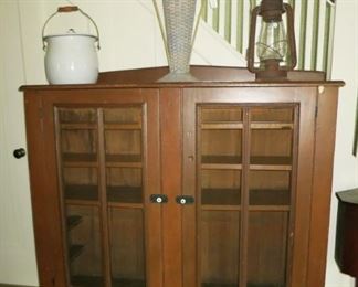 Antique pie cupboard, square nails (missing 2 shelves), however a great piece!  Enamel pail, wicker funeral basket, Dietz lantern