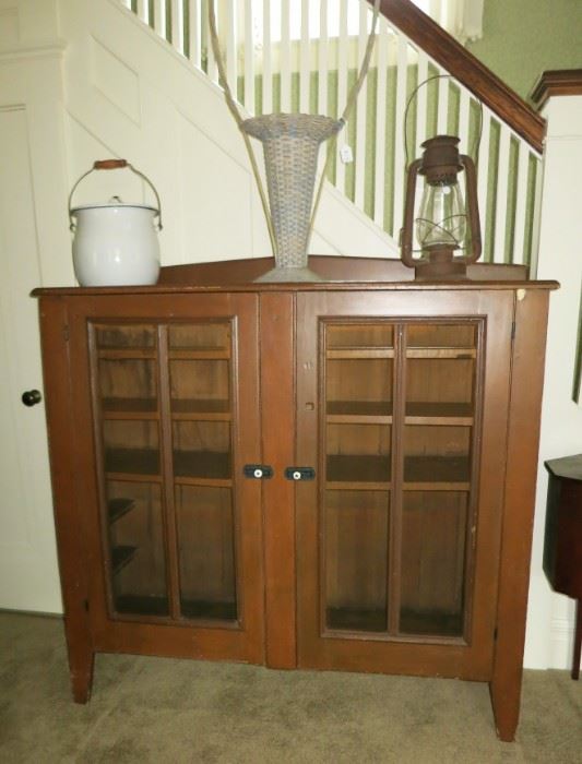 Antique pie cupboard, square nails (missing 2 shelves), however a great piece!  Enamel pail, wicker funeral basket, Dietz lantern