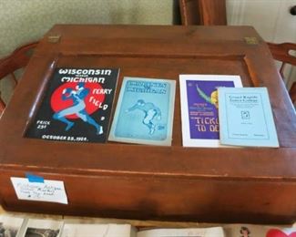 Antique table top school master's desk, hinged for top opening, Wisconsin vs Michigan football program, 1924, Marines vs Michigan from the 1920's, great advertising paper collectibles!