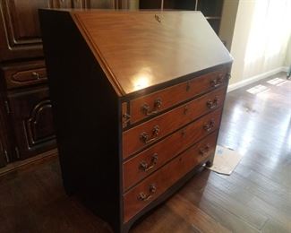 Antique Secretary/ drop front desk. Beautifully restored/ hand painted trim in navy blue.