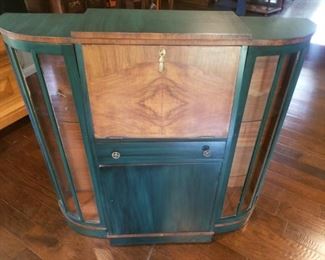 Antique Curio/ Secretary desk/ display cabinet. Beautifully restored with antiqued green trim.
