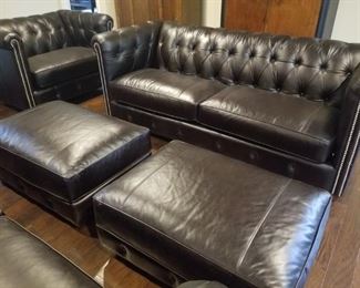 *BRAND NEW* Super high end oversized couch/  sofa with matching oversized chair and ottoman. FULL GRAIN Italian leather! Fully tufted with nailhead fronts. 2 sets for sale. These are very high end and expensive! Softest leather you'll ever find on furniture.
