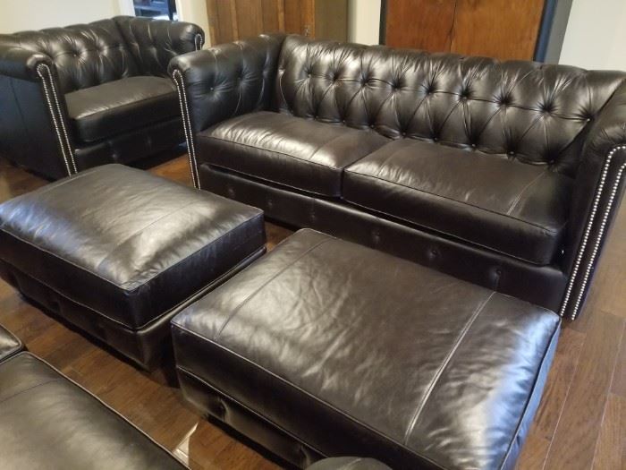*BRAND NEW* Super high end oversized couch/  sofa with matching oversized chair and ottoman. FULL GRAIN Italian leather! Fully tufted with nailhead fronts. 2 sets for sale. These are very high end and expensive! Softest leather you'll ever find on furniture.