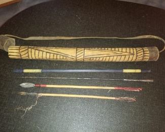 African hand made quiver , 2 hand made arrows and 1 hand forged spear