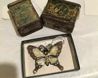 Griffon Safety Razor in Tin Box, Star Safety Razor in Tin Box, Vintage Marcasite and Sterling Butterfly Brooch