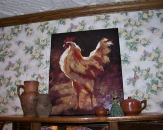 Oil painting (new) of rooster - plus olive jars