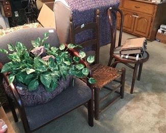 Office chair, large artificial plant, ladder back chair, curved back chair