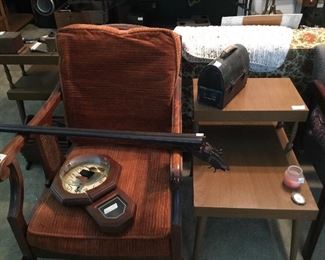 Cushioned chair, 1 of 2 mid century modern end tables