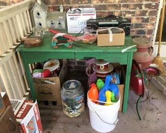 Vintage table, milk can etc