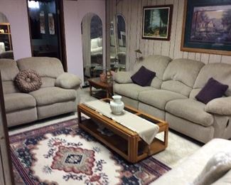 RECLINING SOFA, LOVE SEAT, TABLE, RUG AND DECOR