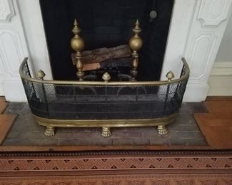Antique Brass Fire Fender and Andirons