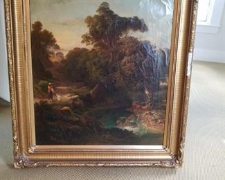 19th century landscape oil painting with figures . Signed indistinctly