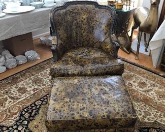 Wow - a statement piece!  Leather upholstered bergere style chair.  A pair of ottomans also for sale.  asking $490 for the chair Custom ottomans are 25" x 19" x 16"h asking $390 for the pair
