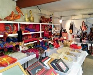 Linens, pillows, picture frames, tote bags, scarves, and yarn. 